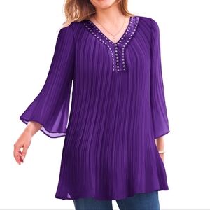 Women’s Purple Embellished V-Neck Pleated Tunic Top